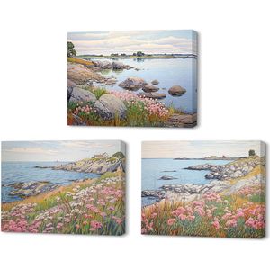 Zeegezicht bloemen aquarel landschapsschilderij canvas muurkunst - ideaal cadeau huisdecoratie restaurant - 3 panelen - 40 x 30 cm - ingebouwd houten frame