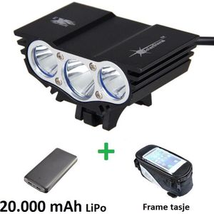 SolarStorm X3 set - USB MTB/race LED koplamp EXTREEM veel licht met 3x CREE T6 LED - met 20.000 mAh LiPo Powerbank en handig frametasje