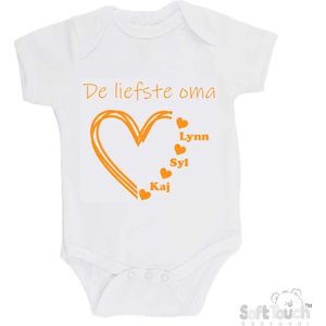 100% katoenen Romper "De liefste oma met de namen van 3 kleinkinderen" Unisex Katoen Wit/mosterd Maat 56/62