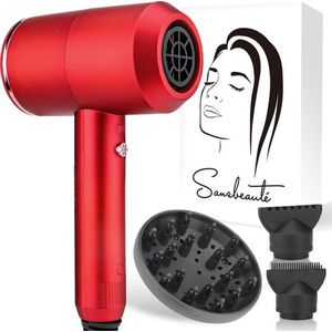 Sansbeauté® Föhn met Diffuser – Ionische Haardroger – Borstel - Reisföhn - 3 Opzetstukken - Krullen – Coolshot – 3 Standen – Haarföhn met Diffuser – Hair Dryer - 2000W - Rood