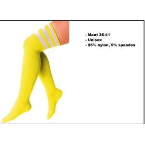 Paar lange sokken geel met witte strepen - maat 36-41 - kniekousen overknee kousen sportsokken cheerleader carnaval voetbal hockey unisex festival