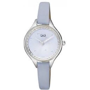 Q&Q QB73J302Y - Horloge - Vrouwen - Dames - Leren band - Rond - Metaal - Grijs - Zilverkleurig - Sprankelend - 3 ATM