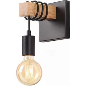Lampen district® - Landelijke Wandlamp - Industri�ële wandlamp - zwart - houten wandlamp - bedlamp - E27 fitting - excl. lichtbron