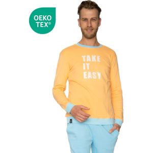 Happy Pyjama's - Heren Pyjama - Oranje/ lichtblauw - maat 2XL | Quote: 'Take it easy'