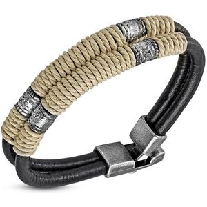 Amanto Armband Farzan A - Leer - 316L Staal - Touw - 15mm - 21cm