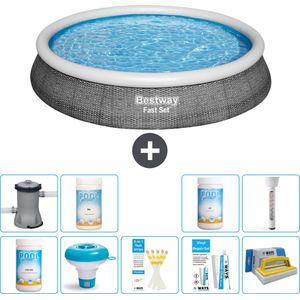 Bestway Rond Opblaasbaar Fast Set Zwembad - Rotanprint - 396 x 84 cm - Inclusief Pomp Chloor - Chloordrijver - Testrips - Reparatiesetje - Scrubborstel - PH-min - PH-plus - Thermometer