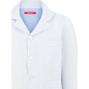 Exclusief Luxueus Kinder nachtkleding Luxe 100% katoenen zacht blauwe Klassieke Jongens Streep Pyjama van Hanssop met verfijnde randrand details en luxe parelmoer knoop verwerking, Jongens Pyjama, zacht blauw geweven katoen streep dessin, maat 116