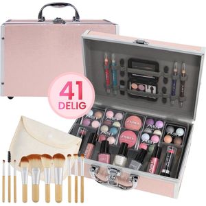 Roze Make Up Koffer Meisjes Met Inhoud 41-Delig - Set Inclusief Kwasten & Reis Eui - Make Up Koffer Kinderen - Make Up Koffer Gevuld - Cosmetica Koffer - Roze Beautycase Meisjes
