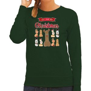 Bellatio Decorations foute kersttrui/sweater dames - All I want for Christmas - groen - piemel/penis XL