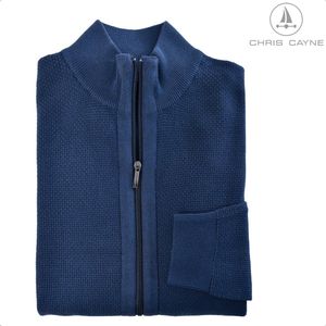Chris Cayne herenvest - maat L - kleur blauw - lange mouwen - steekzakken - structuur - valt ruim - met stretch - Dun vest - Katoen - gebreid - rits