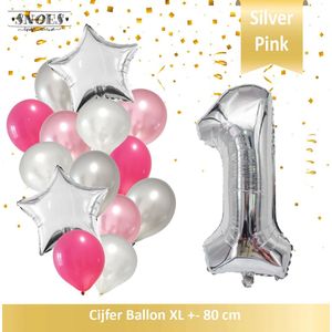 Cijfer Ballon 1 Jaar Zilver Roze White Pearl Boeket * Hoera 1 Jaar Verjaardag Decoratie Set van 15 Ballonnen * 80 cm Verjaardag Nummer Ballon * Snoes * Verjaardag Versiering * Verjaardag Decoratie * Silver Pink Pearl White* Nummer Ballon 1 * Zilver