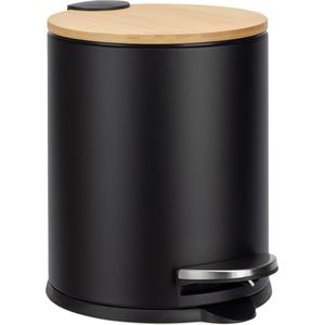 Navaris Pedaalemmer 5L met bamboe deksel - Prullenbak voor badkamer, keuken of bureau - Met handvat en uitneembare binnenemmer - Zwart