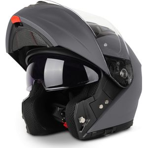 VINZ Valetta Systeemhelm met Zonnevizier | Helm voor Motor Scooter Brommer | Motorhelm Opklapbaar | Pinlock voorbereid vizier - Titanium