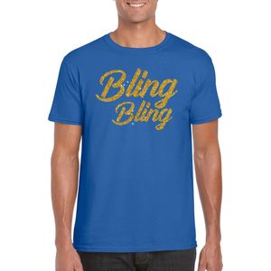 Bellatio Decorations Glitter glamour feest t-shirt heren - bling bling goud - blauw XXL