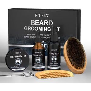 RNEKFA Nina's Giftshop Baardset – 6-delige Baardverzorging Set met Olie, Balsem, Kam & Schaar – Cadeau voor Mannen – Kerst, Vaderdag & Valentijn