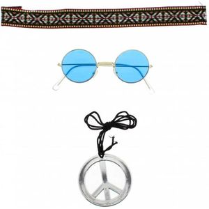 Zac's Alter Ego Kostuum Accessoire Set Hippie kit 3 piece set glasses, headband, necklace Blauw