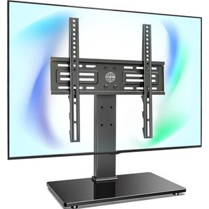 TV-standaard universeel voor 27-32 43 50 55 inch TV, 8 hoogte verstelbaar Tafel TV stand mount voor vlakke & gebogen LCD LED OLED TV, Tafelblad voet Max VESA 400x400mm 40kg