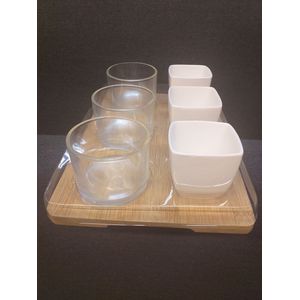 servies voor voorgerecht - 3 schaaltjes + 3 bakjes op houten serveerplank