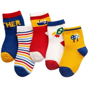 Babysokjes, ademend, cartoon katoenen sokken met een middenbuis, kindersokken met raketpatroon, 5 paar (M) (1-3 jaar)