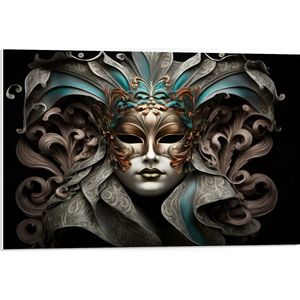 PVC Schuimplaat - Wit Venetiaanse carnavals Masker met Blauwe en Gouden Details tegen Zwarte Achtergrond - 75x50 cm Foto op PVC Schuimplaat (Met Ophangsysteem)
