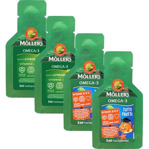 Möller's Omega-3 Testpakket - 4x 5ml - Pure omega-3 met vitamine D - Noorse visolie van topkwaliteit - Probeer onze bestsellers Citroen en Tutti Frutti