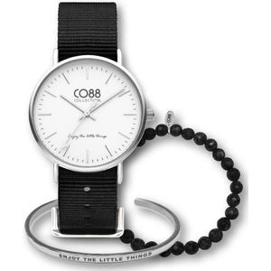 CO88 Collection Gift Set 8CB 99089 Horloge Geschenkset - Stalen en Natuurstenen armbanden - Nato Band - Ø 36 mm - Zwart / Zilverkleurig