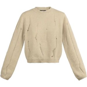 Beige Gebreide Trui Scheuren - Dikke Warme Dames Truien - Maat L/XL - Trendy Dames Sweaters - Beige