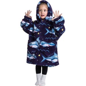 Haaien fleece hoodie deken met mouwen - fleece poncho voor kinderen – Draagbare deken - hoodie deken met mouwen - fleece plaid met mouwen - maat 98/128 – lengte 60 cm – warm & zacht – relax outfit kids – zwart - Badrock