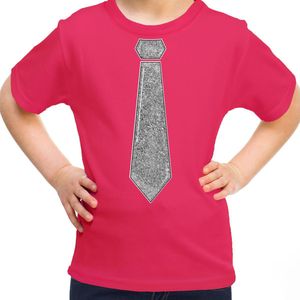 Bellatio Decorations Verkleed t-shirt voor kinderen - glitter stropdas - roze - meisje - carnaval 110/116