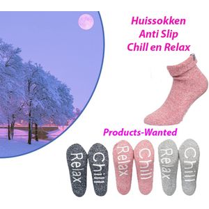 2-Paar Wollen Huissokken Anti Slip Chill en Relax in Rose en Lichtgrijs-Maat 35-38