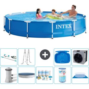 Intex Rond Frame Zwembad - 366 x 76 cm - Blauw - Inclusief Pomp Afdekzeil - Onderhoudspakket - Filter - Grondzeil - Stofzuiger - Ladder - Voetenbad - Warmtepomp