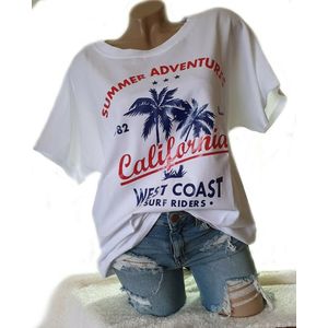 Katoenen zomer t-shirt California West Coast print kleur wit maat 40 42 44