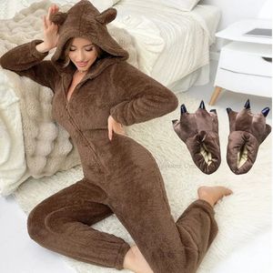 Dames onesie pyjama met pantoffels – Warme bruine fleece beer jumpsuit met capuchon & rits – Maat L – Pluche nachtkleding set