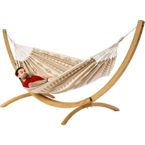 Luilak 2 persoons hangmat met houten standaard - 100% Katoen - 350x160cm - 160kg draagkracht - binnen & buiten - Bruin, Ecru