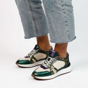 Manfield - Dames - Groene leren sneakers met metallic details - Maat 36
