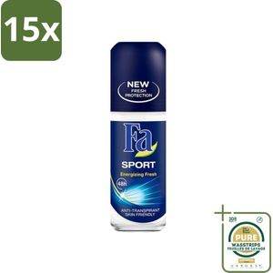 15 x Fa - Sport - Deodorant Roller - Energizing Fresh - 50 ml - Grootverpakking - Sport Deodorant - Frisheid - 24 Uur Bescherming - Deodorant Roller - Energizing Fresh