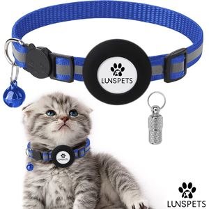 Lunspets Kattenhalsband Airtag met Adreskoker kat & Veiligheidssluiting - Halsband kat & kitten - Kattenbandje met belletje - Reflecterend - Blauw - Airtag Houder & Adreskoker - Voor grote & kleine katten - Alleen houder geen Airtag inbegrepen!