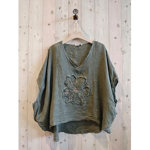100% Linnen top blouse met prachtige bloem - oversized - kleur MILITAIR GROEN- hammam top - Onesize