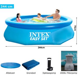 Intex® Zwembad Met Pomp 244cm - Opblaasbaar Bad + Filterpomp + Opblaaspomp + Afdekzeil + Grondzeil - Opblaasbaar Zwembad - Rond