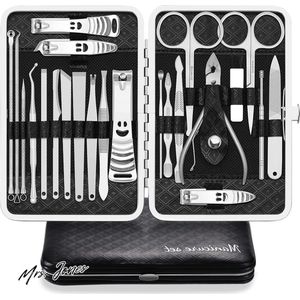 Mrs. Jones Manicure set professionele pedicure tools 23 stuks roestvrij staal verzorgingsgereedschappen zwart PU-lederen hoes reizen thuis zwart zilver .
