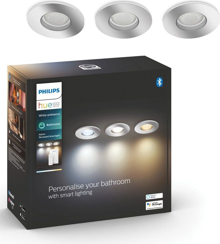 Philips Hue Adore badkamerinbouwspot - warm tot koelwit licht – 3-pack - 1 dimmer switch - chroom