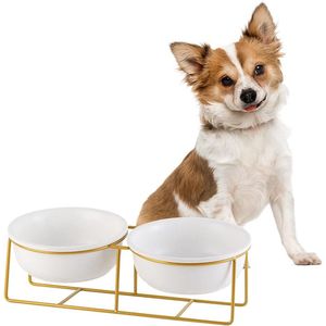 Kattenvoerbak Keramische kattenbak verhoogd - Dubbele hondenbak - Kattenbakken Hondenkommen met gouden ijzeren standaard - Kattenbak Hondenvoerbak - Voedselwaterbakset voor katten en puppy's - 480 ml x 2