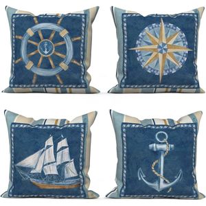 Selbro®, Maritim Kussensloop, 40 x 40 cm, set van 4, blauw, beige, anker, kompas, zeilboten, bank, sierkussen, kussenovertrek, wasbaar polyester, vlas textiel, outdoor kussensloop