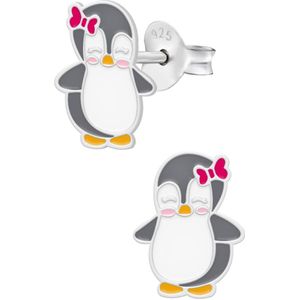 Oorbellen meisje | Zilveren kinderoorbellen | Zilveren oorstekers, pinguïn met rozerood strikje