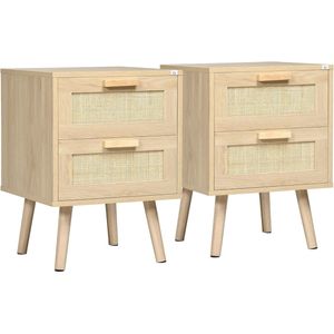 Set van 2 Boho Nachtkastjes met Rotanlook en Houten Pootjes