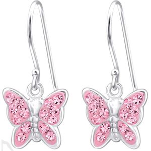 Joy|S - Zilveren vlinder bedel oorbellen - oorhangers - roze kristal - kinderoorbellen