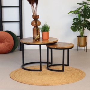 Bronx71® Salontafel set van 2 Liza ⌀55/40 cm - Salontafel hout - Salontafel industrieel - Salontafel rond - Ronde bjzettafel set van 2 - Salontafel mangohout - Sidetable