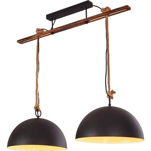 Plafondlamp hanglamp natuurlijk hout 2 lampen - plafondlamp zwart metaal natuurlijk hout e27 fitting - plafondlamp met vervangbare lampen - vintage plafondlamp voor binnen - plafondlamp touw donker hout - plafondlamp verstelbaar woonkamer eetkamer