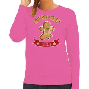 Bellatio Decorations foute kersttrui/sweater dames - Gingerbread koekemannetje - roze - Bite Me XS