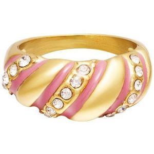 Roestvrijstalen gouden statement ring swirl - roze zirkoon steentjes - maat 18- Moederdag cadeautje - cadeau voor haar - mama